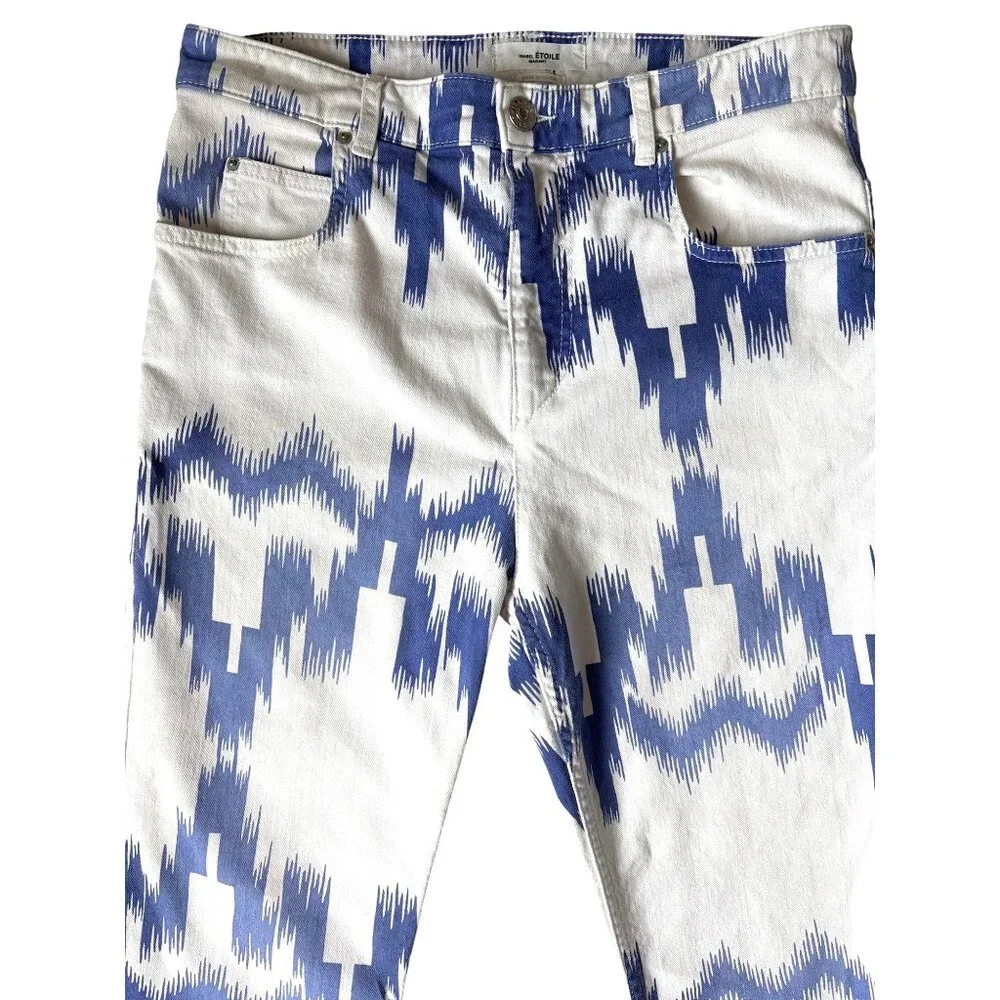 Isabel Marant Étoile Jeans Denim Lanea Trousers Pants Ikat Size 36 / 4 White Blu